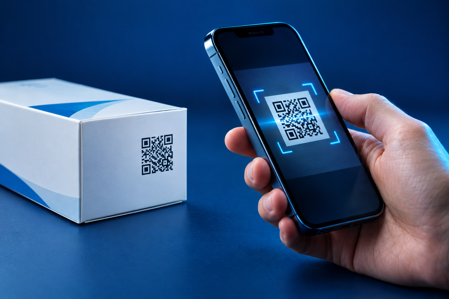 A patient scanning the 2D code printed on a medicine carton with a smartphone