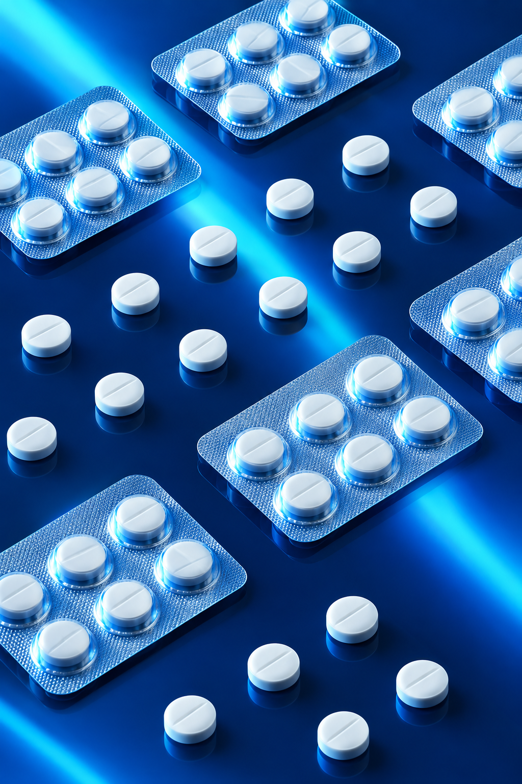 Blister packs and tablets arranged on a blue surface