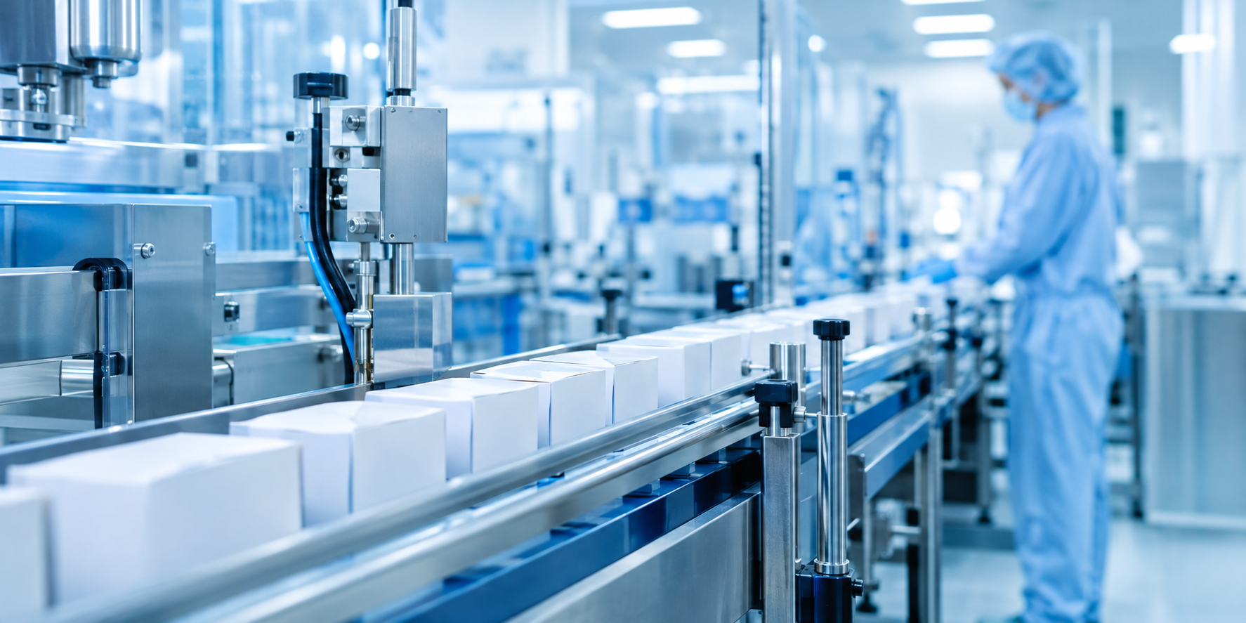 Medicine cartons on a clean-room production line