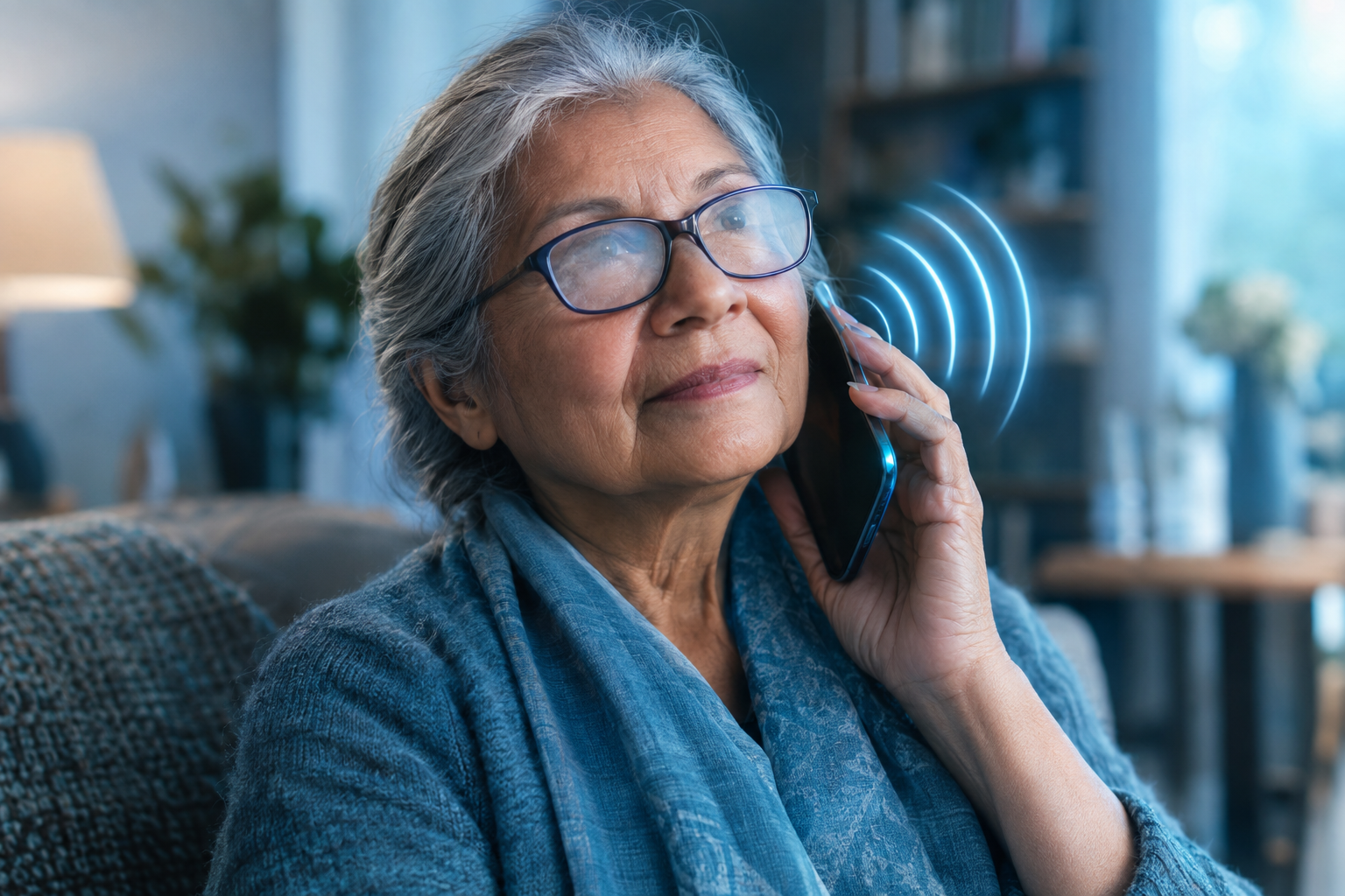 An older woman listening to her phone at home